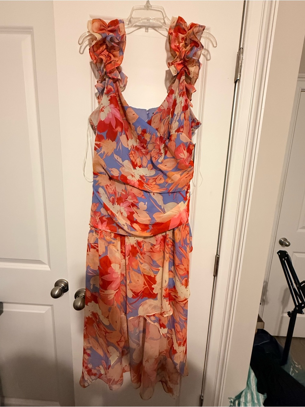 Floral Ruffled Strap Midi Dress in Coral and Lavender